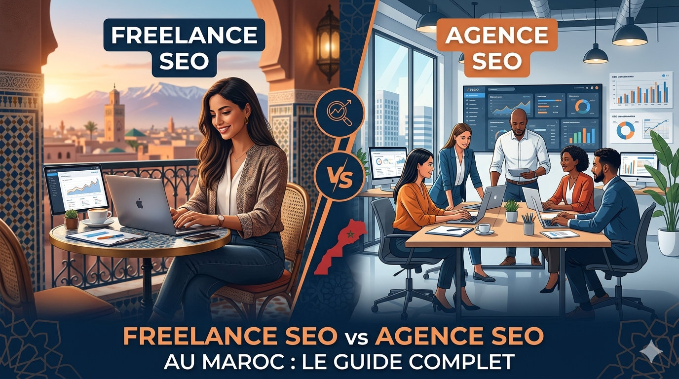 Comparaison entre un freelance SEO indépendant et une équipe en agence digitale au Maroc pour booster votre visibilité sur Google.