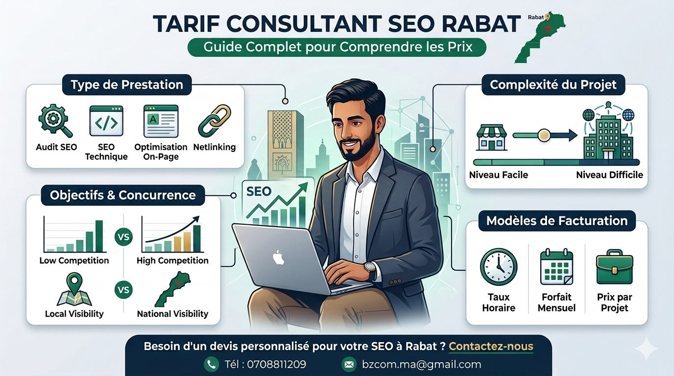 Infographie détaillée sur les tarifs d'un consultant SEO à Rabat : prix, forfaits et critères de coût